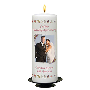 Personalised Wedding Anniversary Candle Gift - Family Crest Anniversary Gold Script & Photo