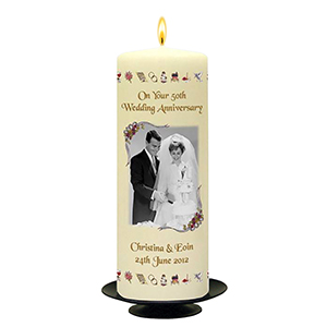 Personalised Wedding Anniversary Candle Gift - Family Crest Anniversary Gold Script & Photo