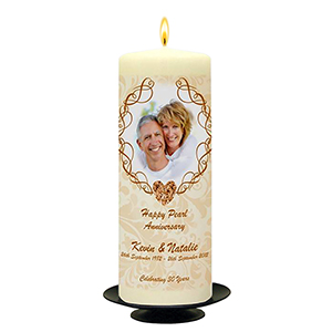 Personalised Wedding Anniversary Candle Gift - Family Crest Anniversary Gold Script & Photo