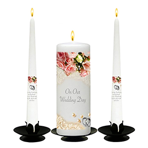 Personalised Wedding Candles - Green & White Flower Circle Black Script