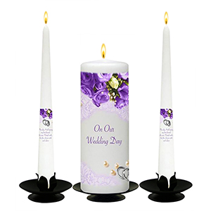 Personalised Wedding Candles - Green & White Flower Circle Black Script