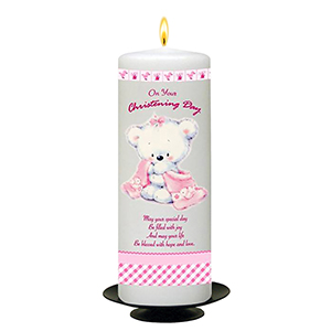 Personalised Girls Christening Candle - Cradle & Bow Pink