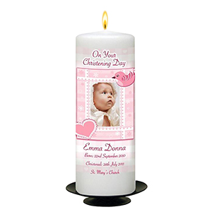 Personalised Girls Christening Candle - Heart & Bird Pink with Photo