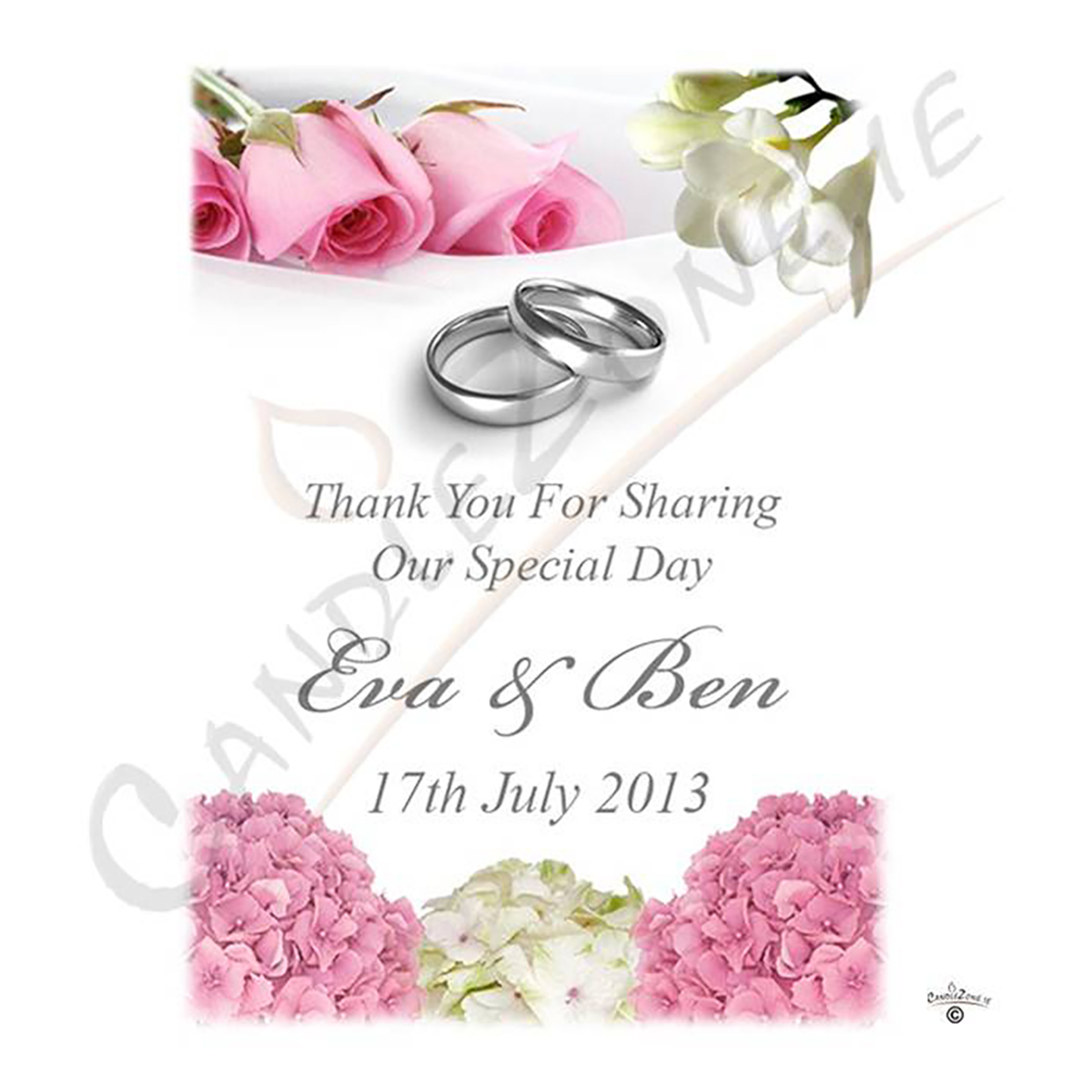 Personalised Thank you Wedding Favour - Pink Roses & Freesia Silver