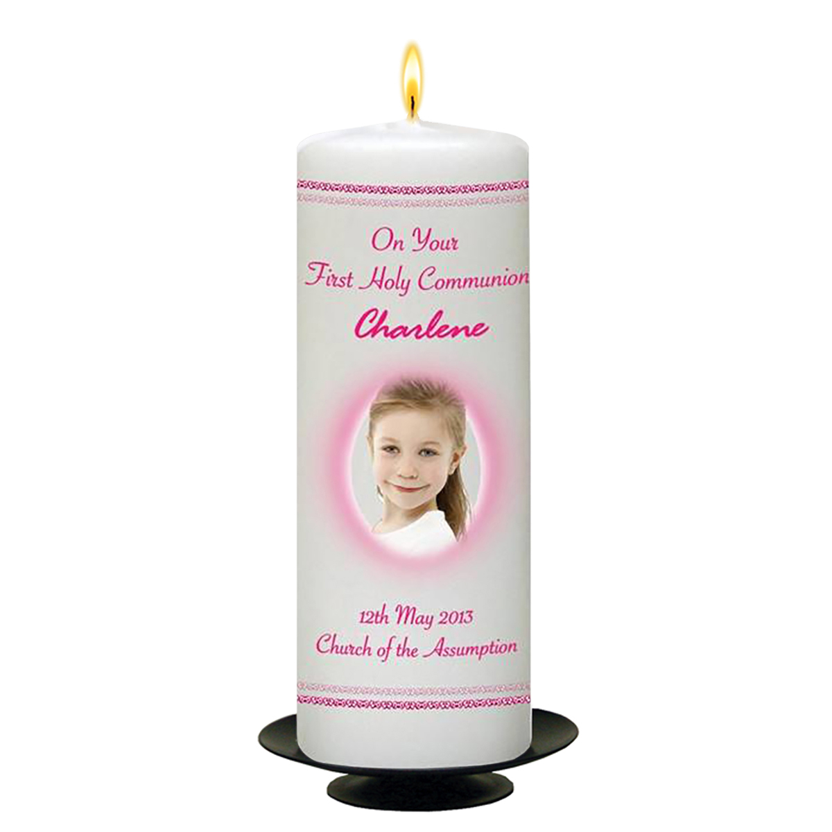 Personalised 1st Holy Communion Candle - Pink Cross with Photo