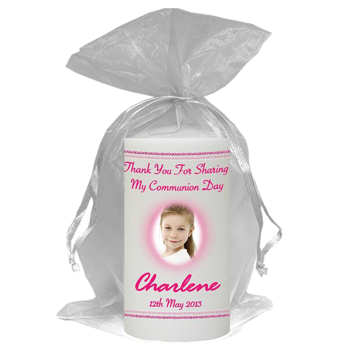 Personalised 1st Holy Communion Candle - Pink Cross with Photo