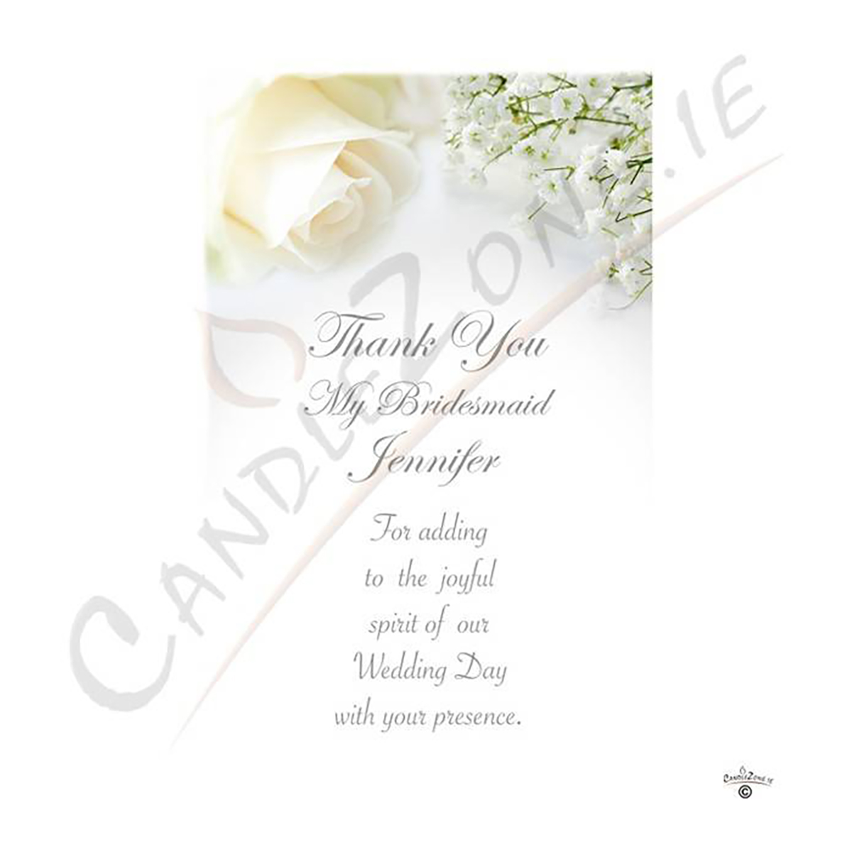 Personalised Wedding Thank you Candle Gift - White Roses Silver Thank You Bridesmaid Candle