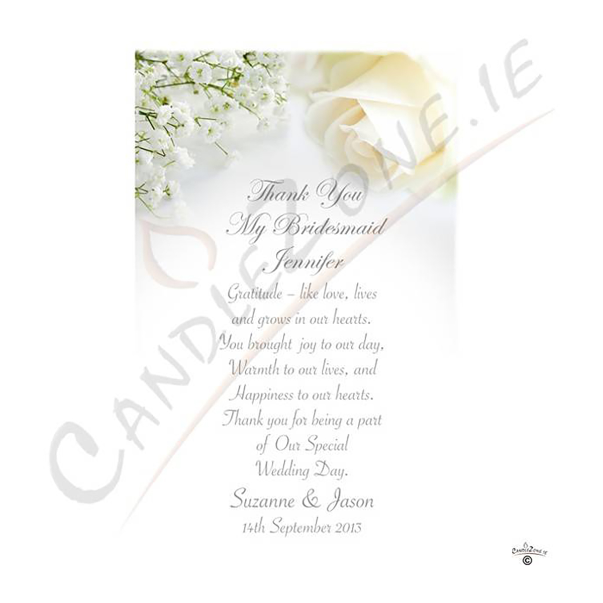 Personalised Wedding Thank you Candle Gift - White Roses Silver Thank You Bridesmaid Candle