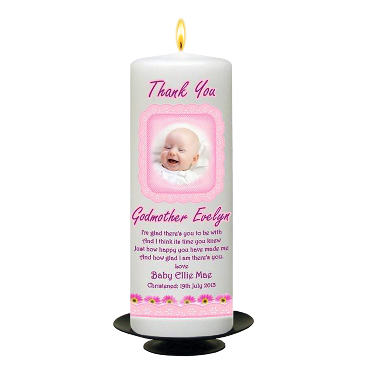 Personalised Godmother Candle Gift - Pink Daisies with Photo