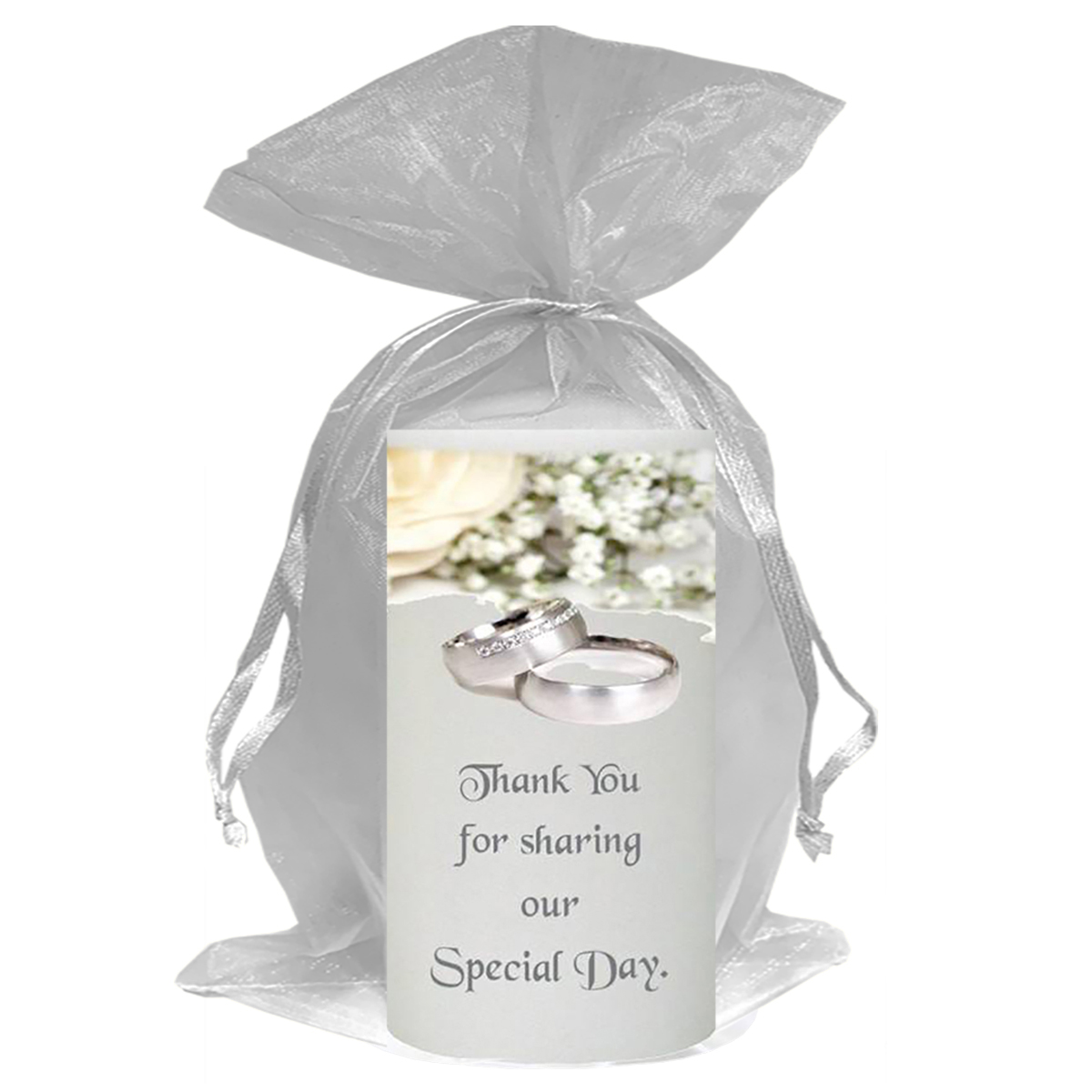 Personalised Wedding Candles - White Flowers & Rings Silver Script