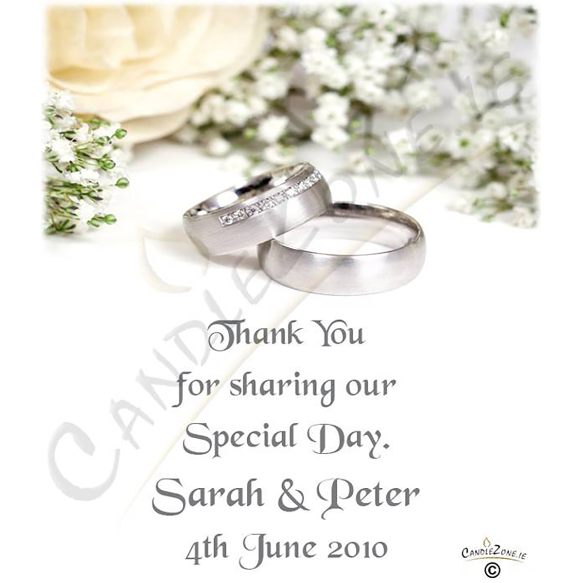 Personalised Wedding Candles - White Flowers & Rings Silver Script