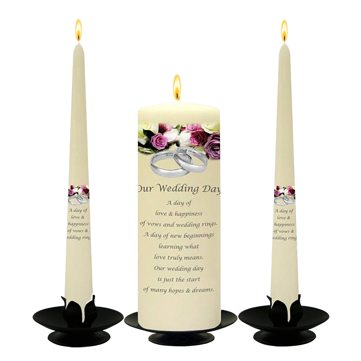 Personalised Wedding Candles - Purple & Cream Roses Silver