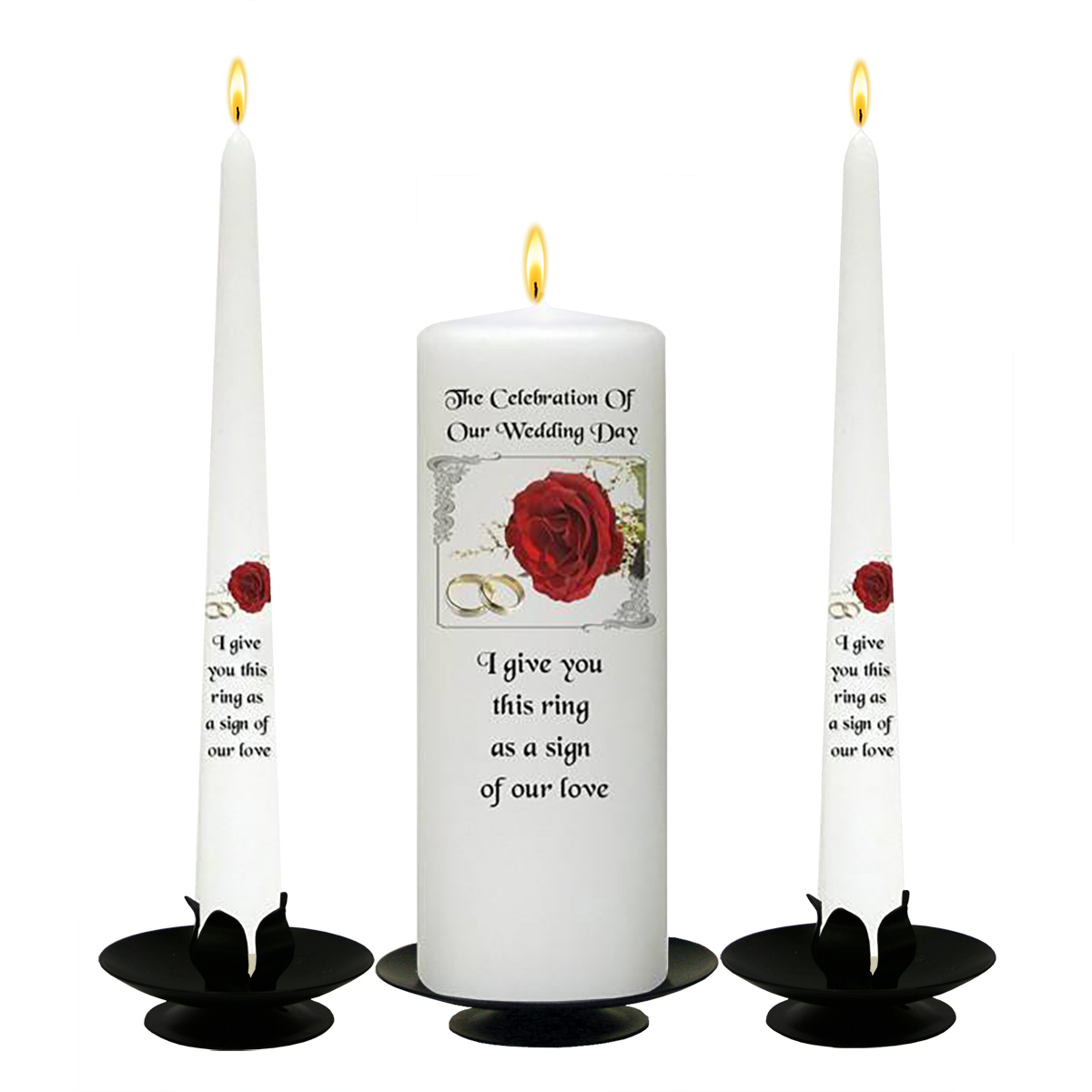 Personalised Wedding Candles - Flower Range Red Roses & Silver Rings