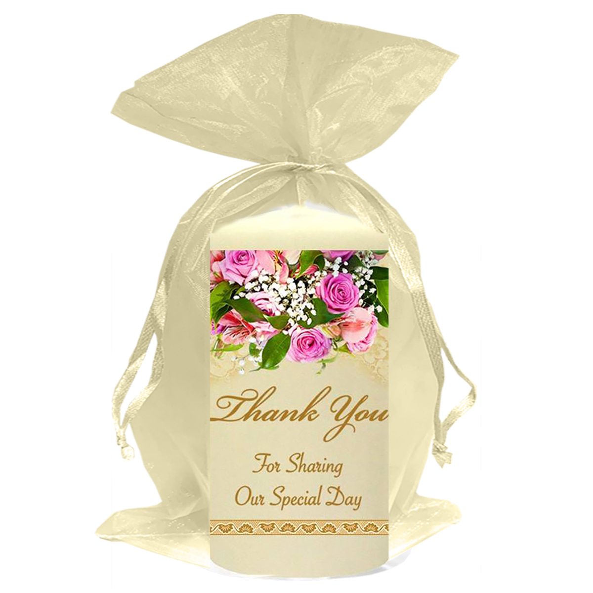 Personalised Thank you Wedding Favour - Lace Gold Rings & Pink Roses