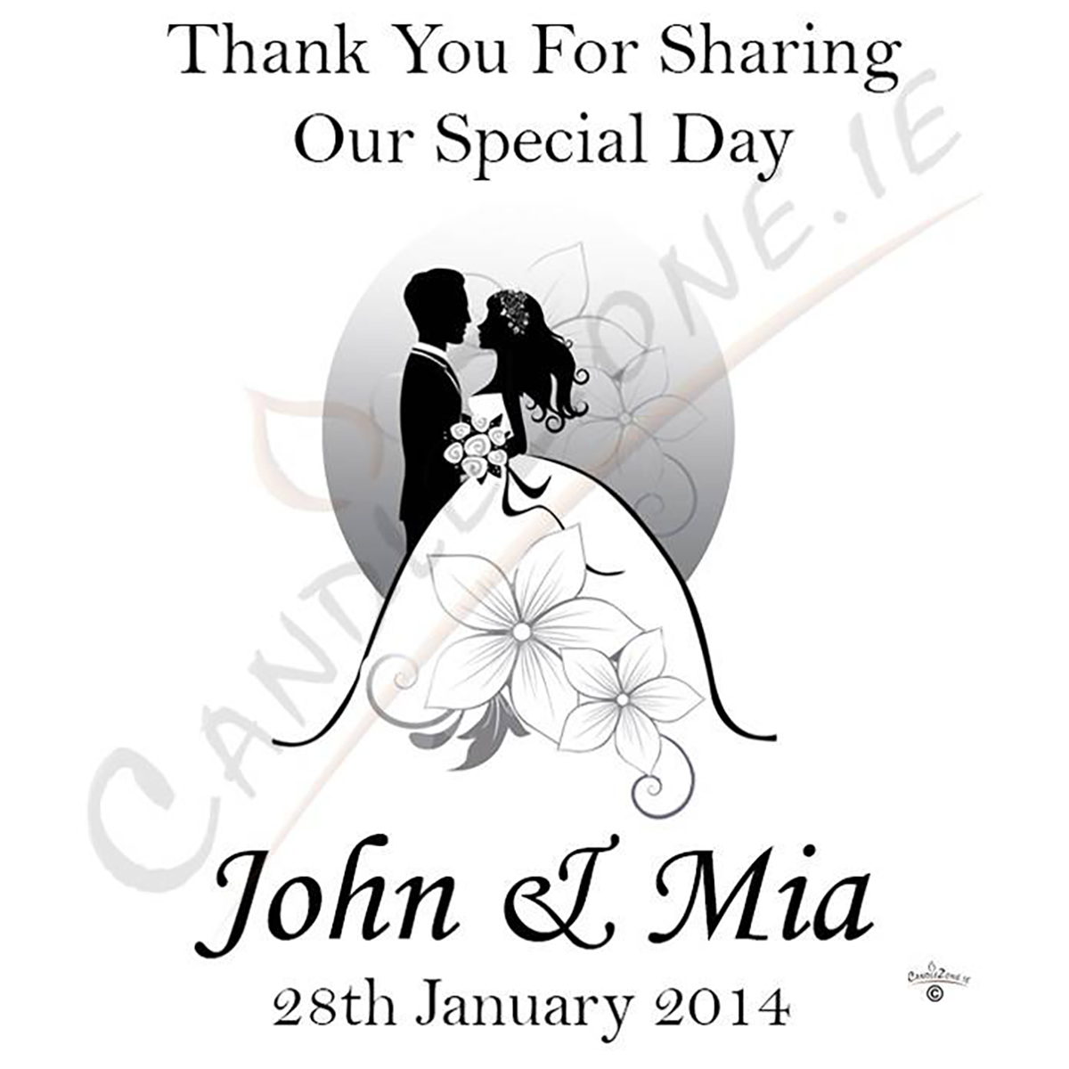 Personalised Thank you Wedding Favour - Silhouette Couple & Flowers Silver