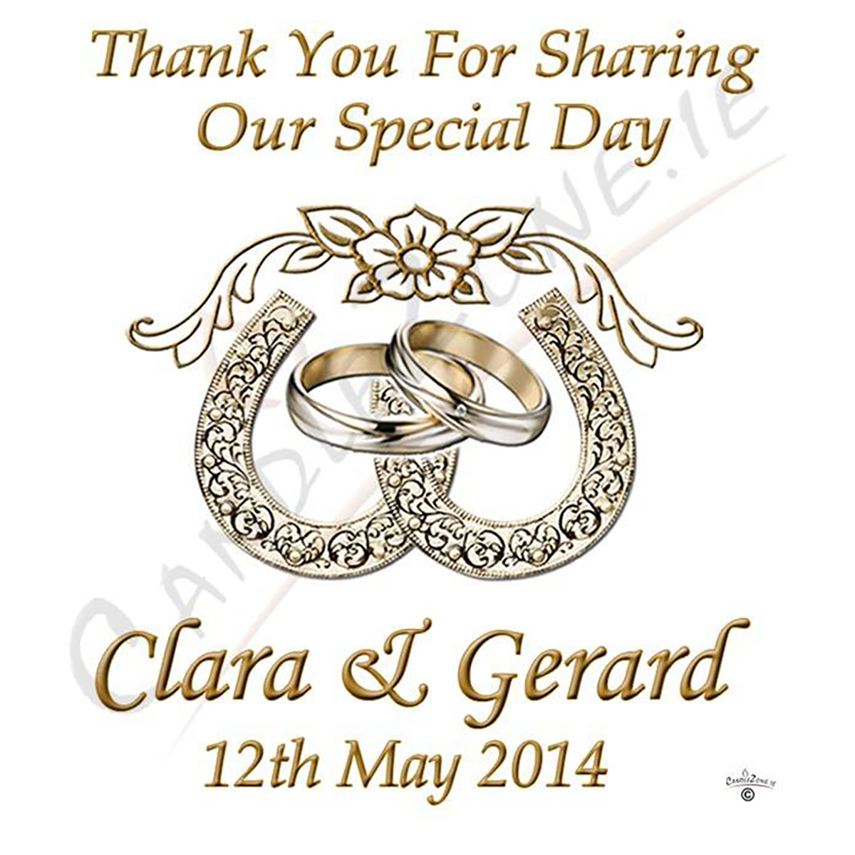 Personalised Thank you Wedding Favour - Horseshoes & Rings Gold