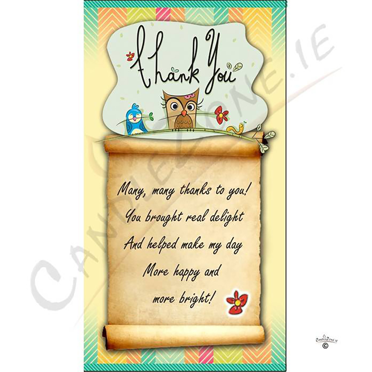 Personalised Thank you Candle Gift - Owl & Flowers on Scroll