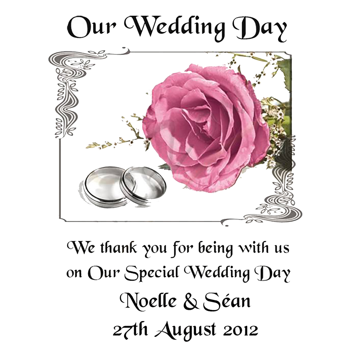 Personalised Thank you Wedding Favour - Pink Roses & Silver Rings