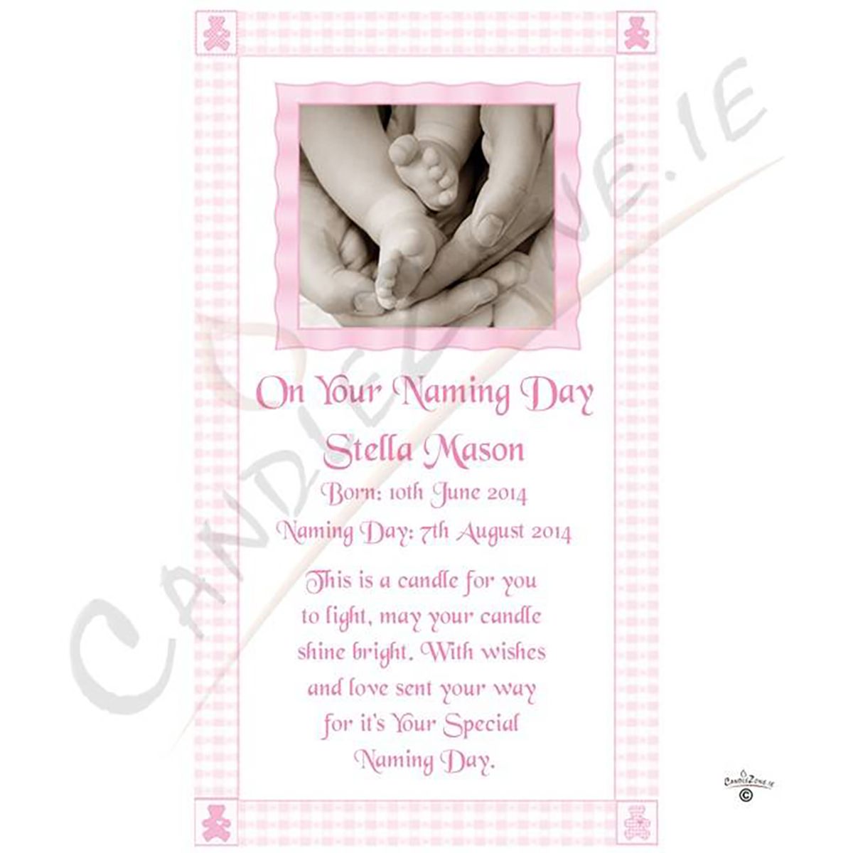 Personalised Naming Day Candle Gift - Gingham Feet Pink