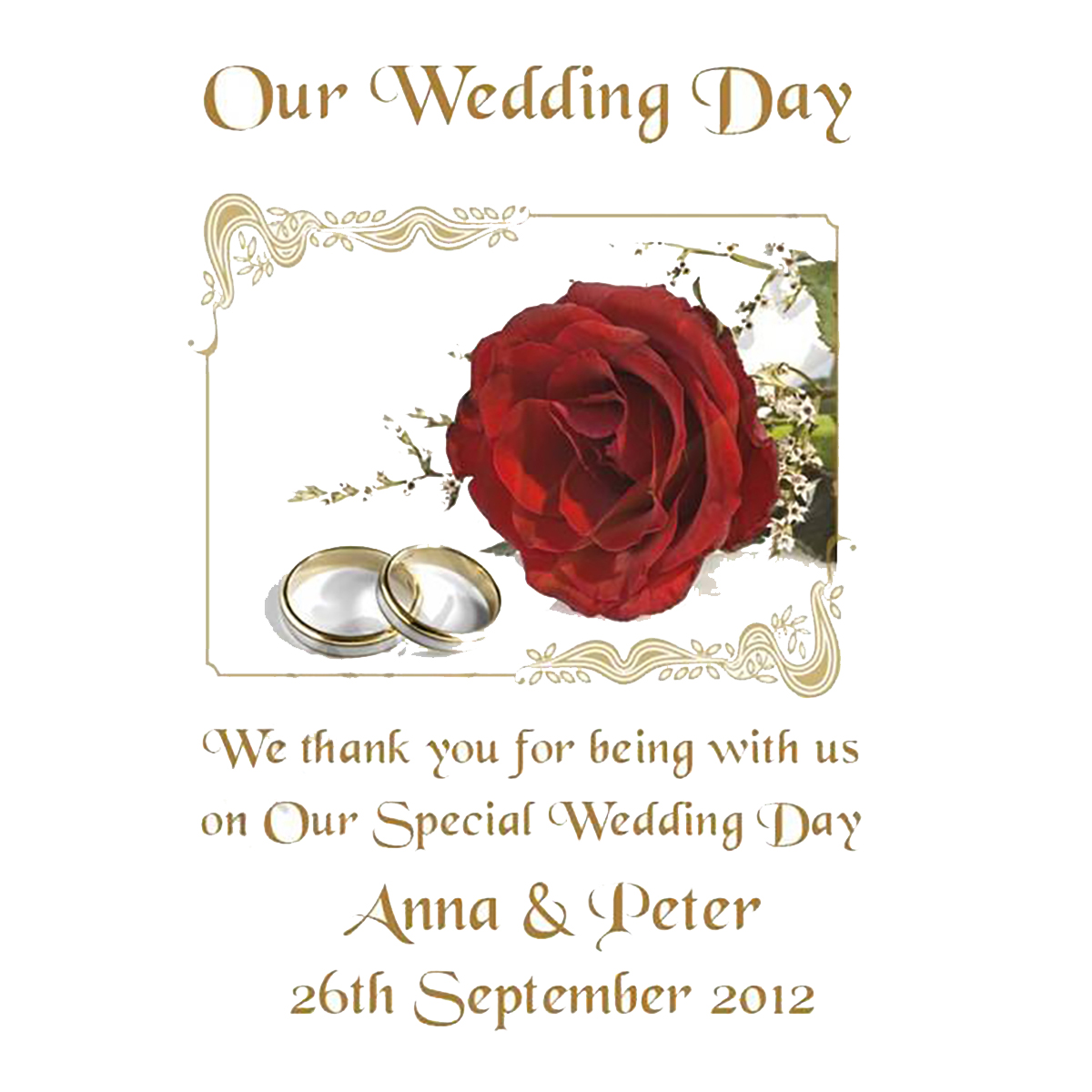 Personalised Thank you Wedding Favour - Red Roses & Gold Rings