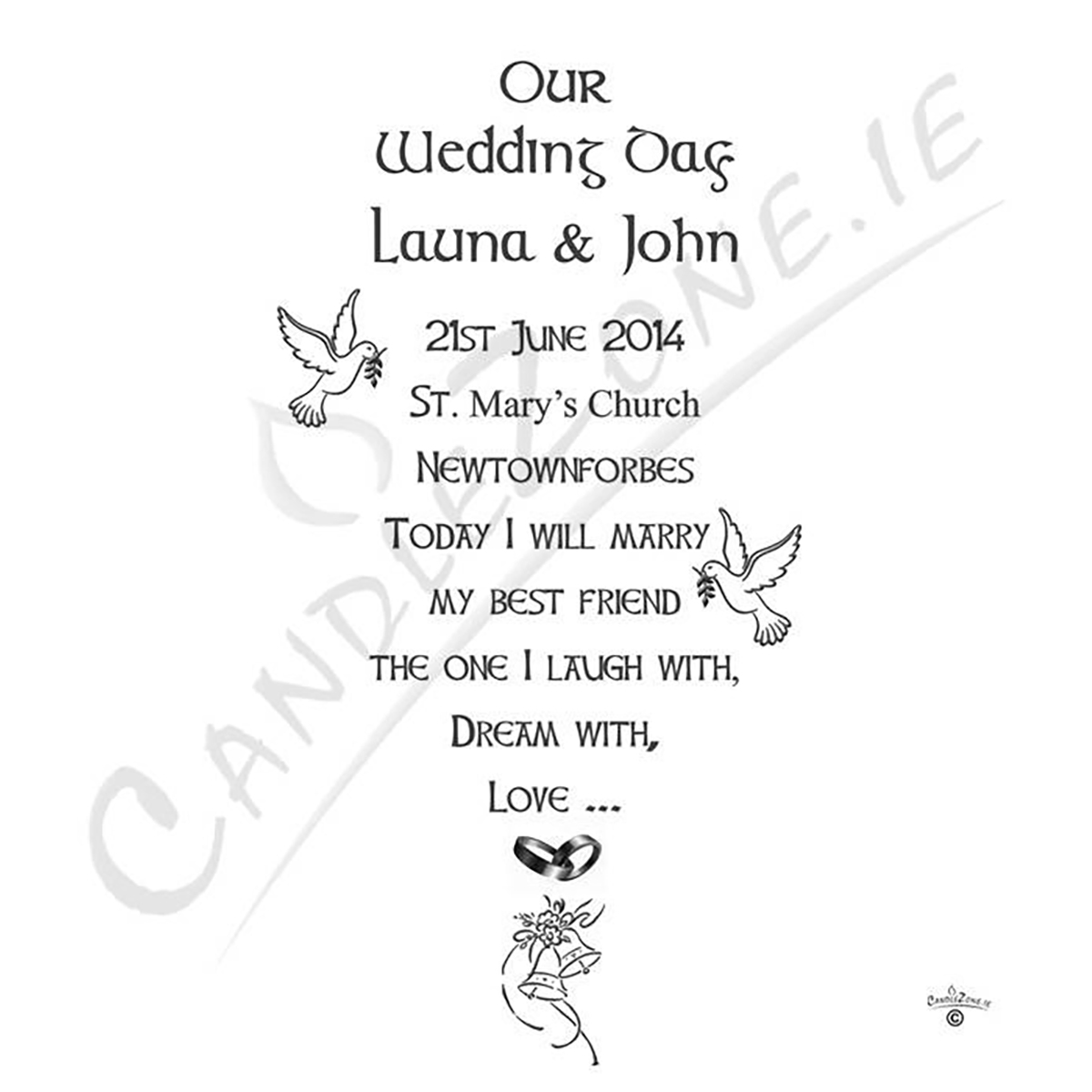 Personalised Wedding Candles - Bells Doves & Silver Rings