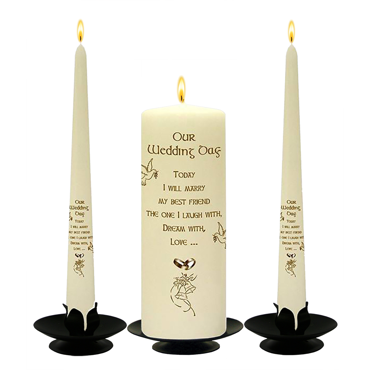 Personalised Wedding Candles - Bells Dove & Gold Rings