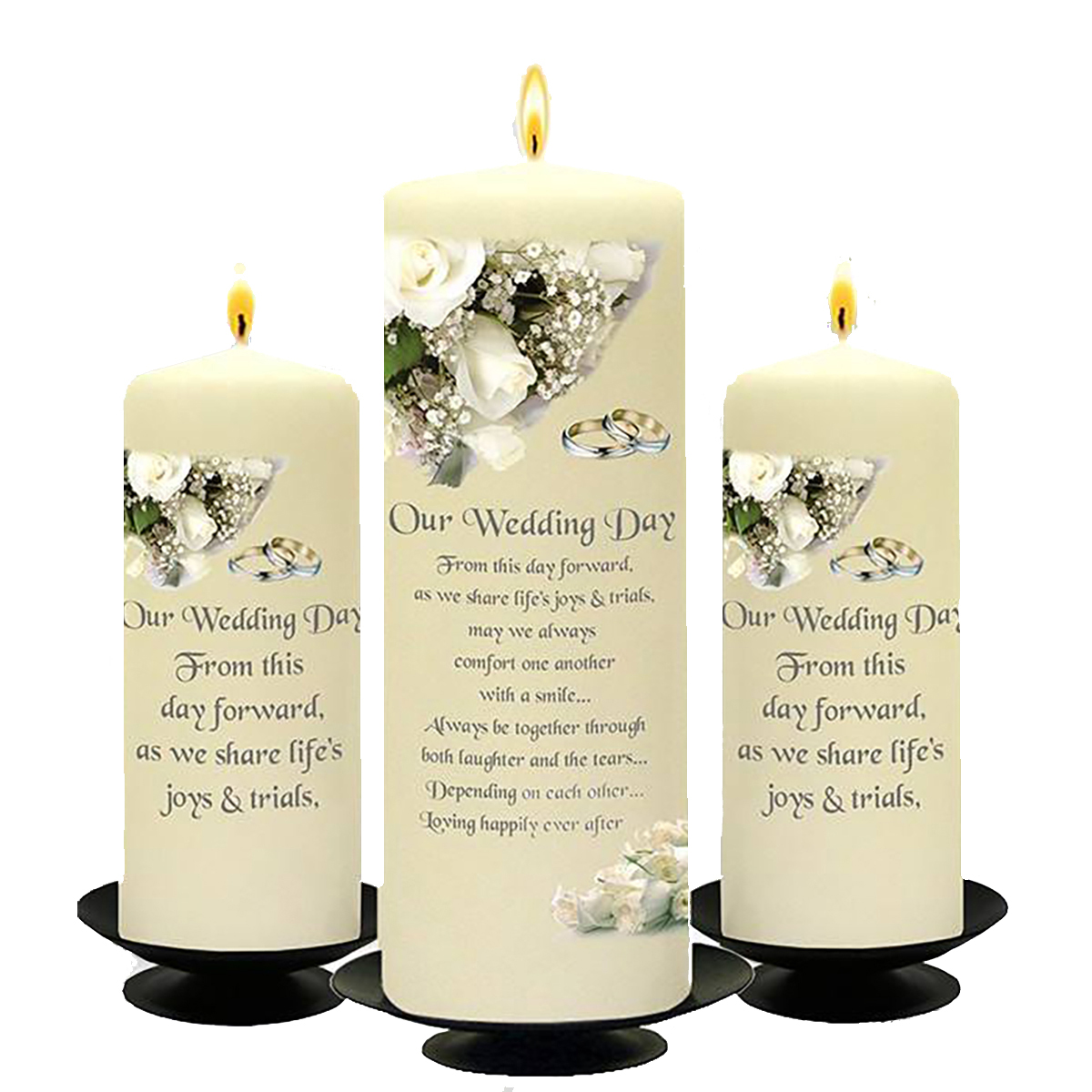 Personalised Wedding Candles - White Rose Silver Set (1 x 9 inch & 2 x 6 inch Candles)