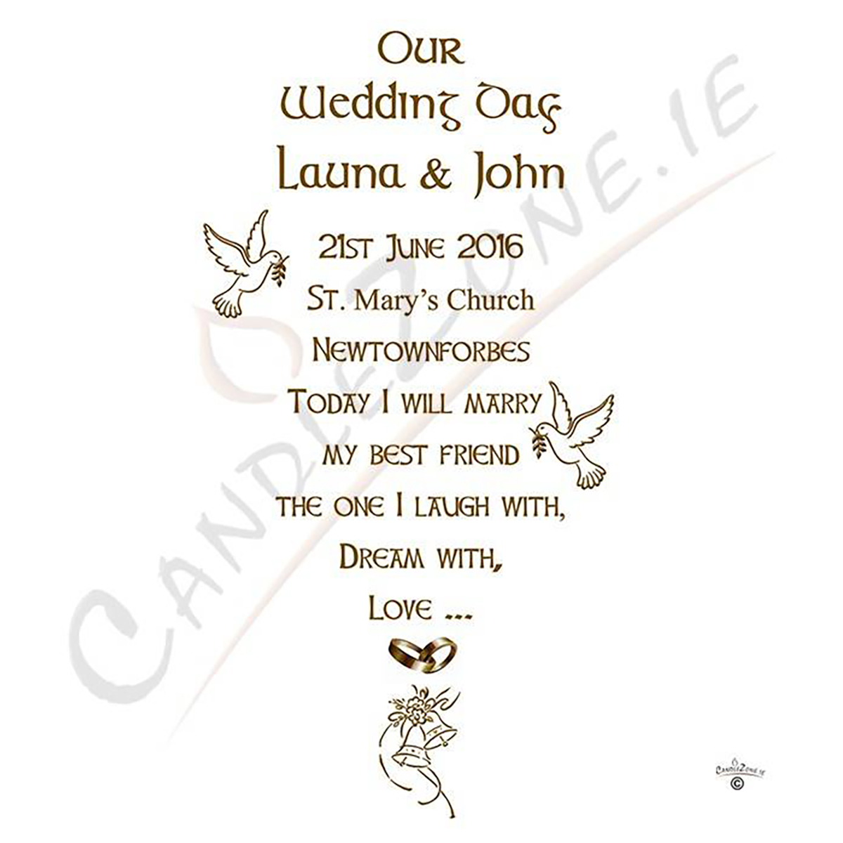 Personalised Wedding Candles - Bells Doves & Gold Rings Set (1 x 9 inch & 2 x 6 inch Candles)