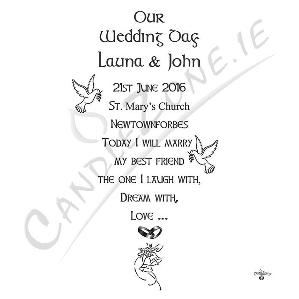 Personalised Wedding Candles - Bells Doves & Silver Rings Set (1 x 9 inch & 2 x 6 inch Candles)