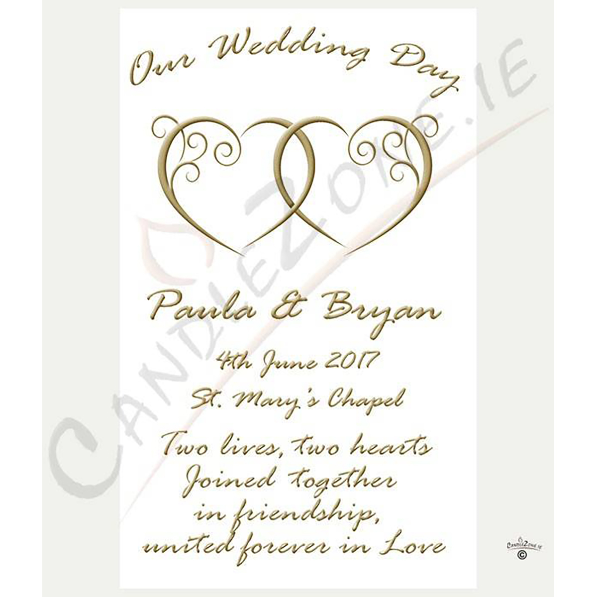 Personalised Wedding Candles - Entwined Hearts Gold Set (1 x 9 inch & 2 x 6 inch Candles)