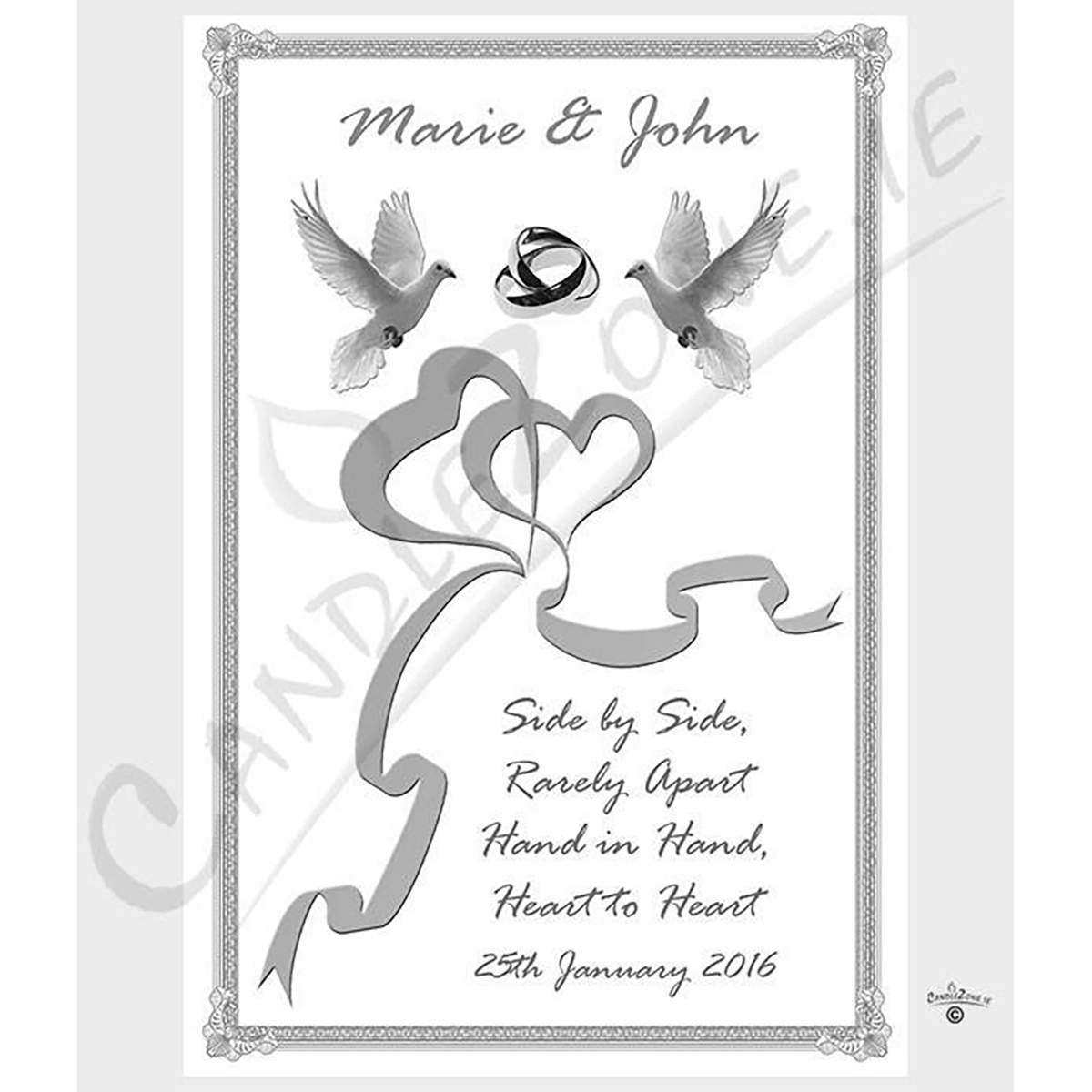 Personalised Wedding Candles - Two Hearts & Doves Silver Set (1 x 9 inch & 2 x 6 inch Candles)