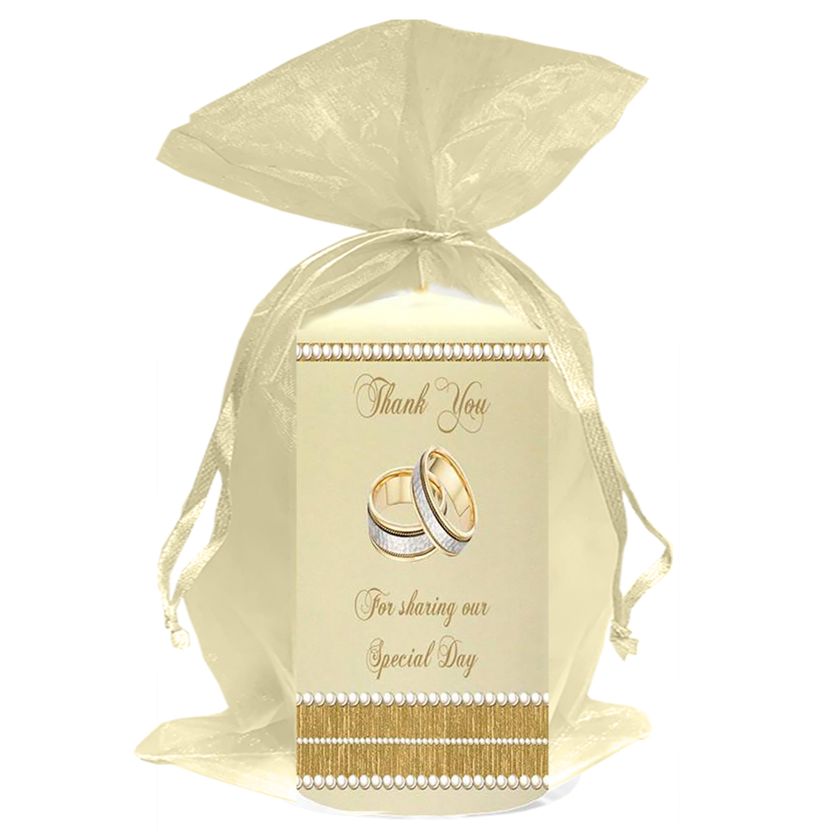 Personalised Wedding Candles - Elegant Rings & Pearls Gold