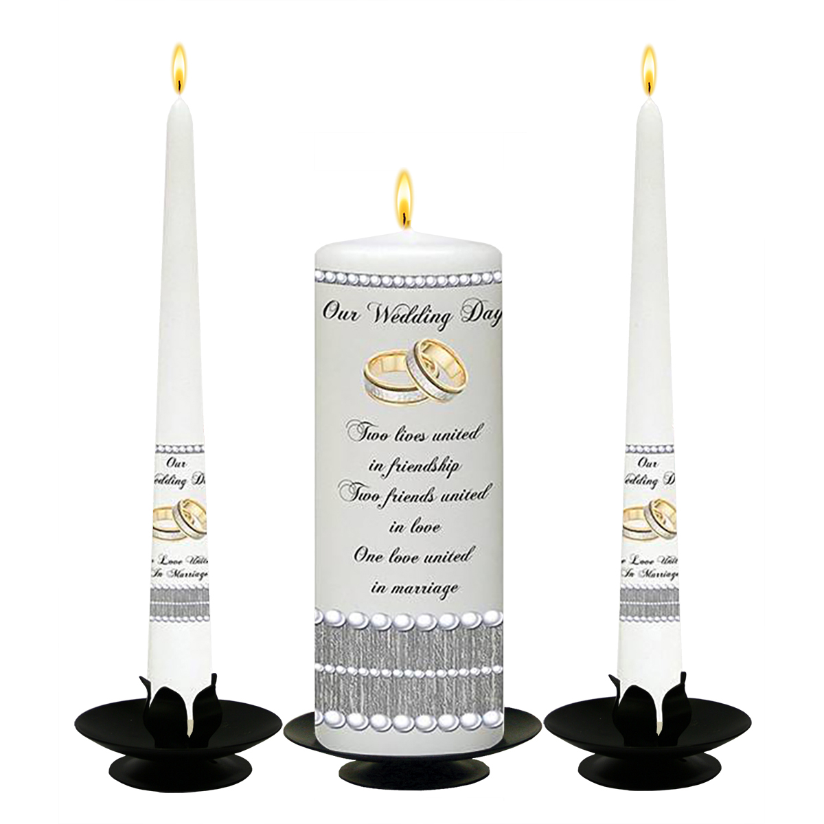 Personalised Wedding Candles - Elegant Rings & Pearls Silver