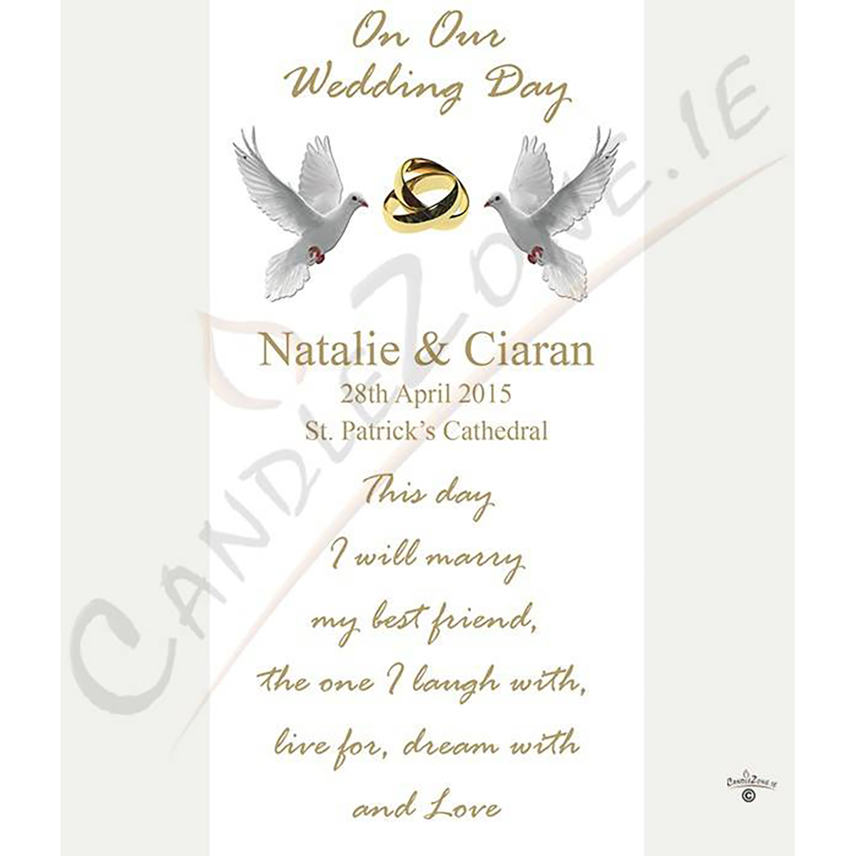Personalised Wedding Candles - Entwined Gold Rings & Doves