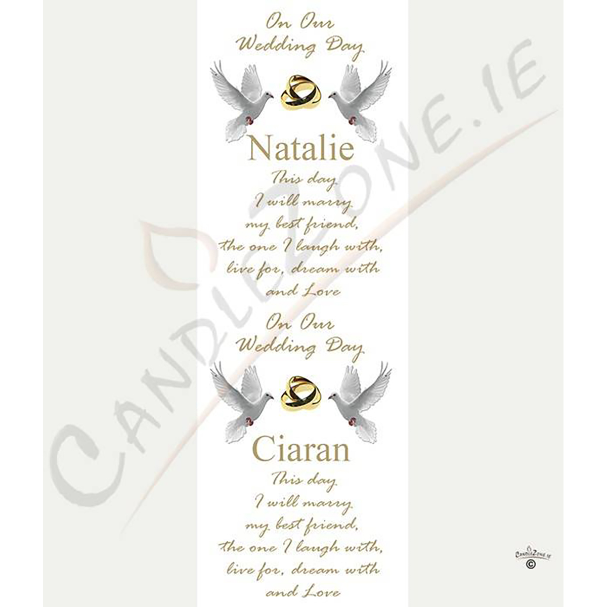Personalised Wedding Candles - Entwined Gold Rings & Doves