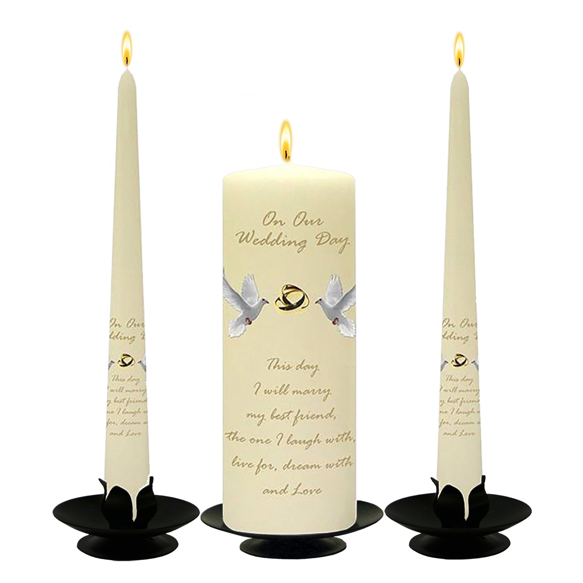 Personalised Wedding Candles - Entwined Gold Rings & Doves