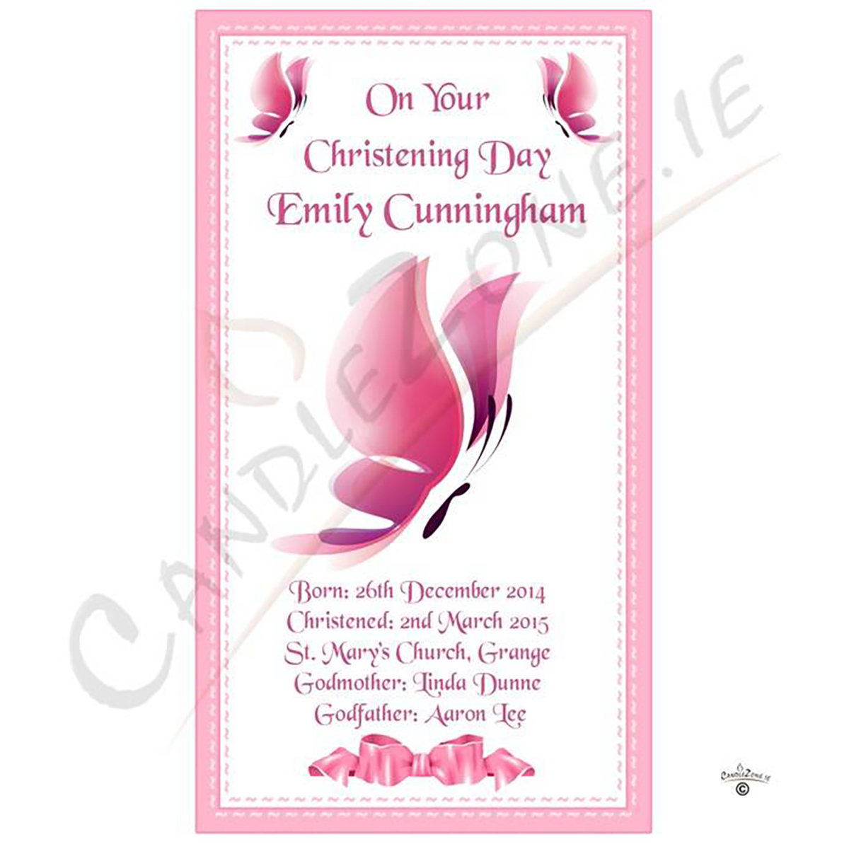 Personalised Girls Christening Candle - Butterfly & Bow Pink