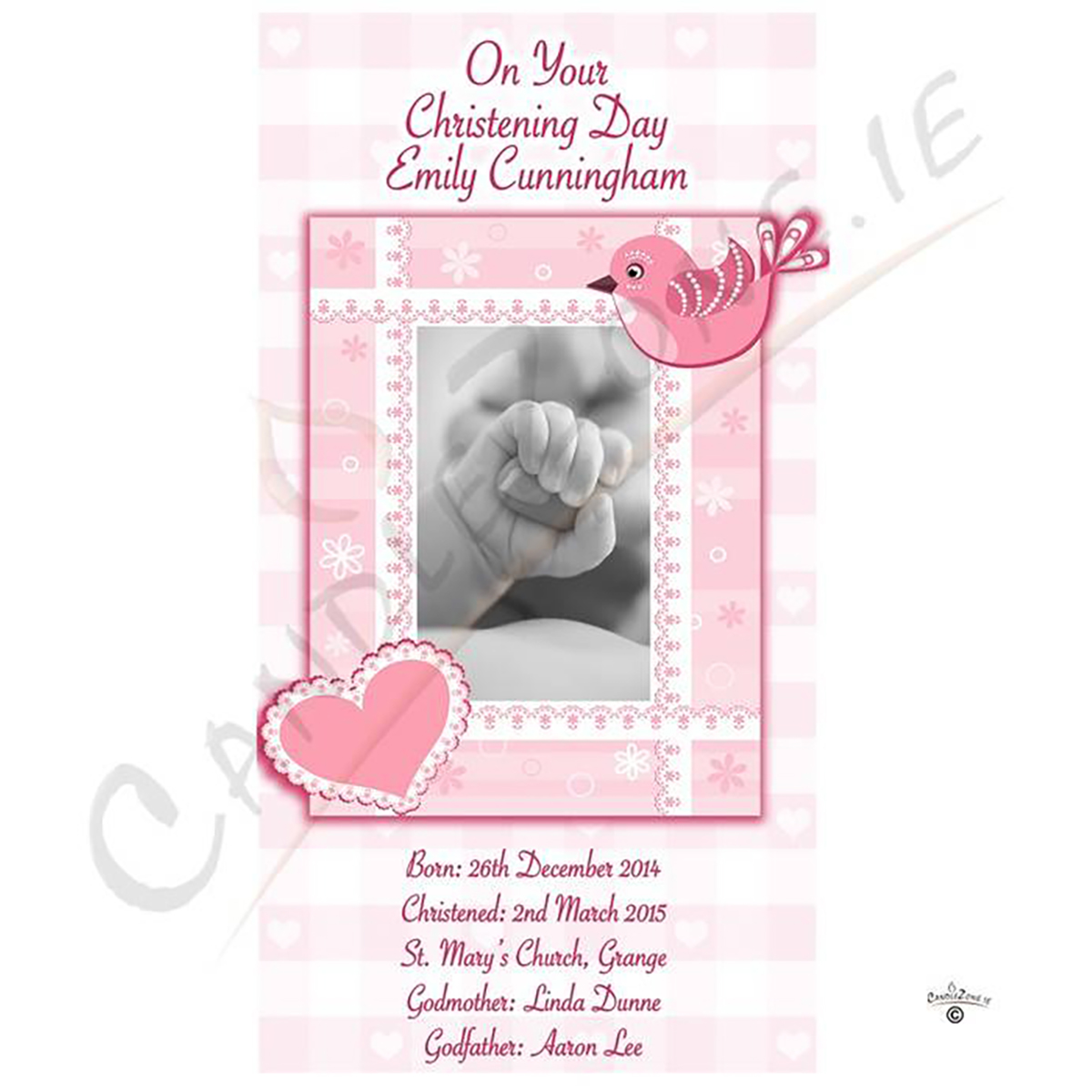 Personalised Girls Christening Candle - Heart & Bird Pink
