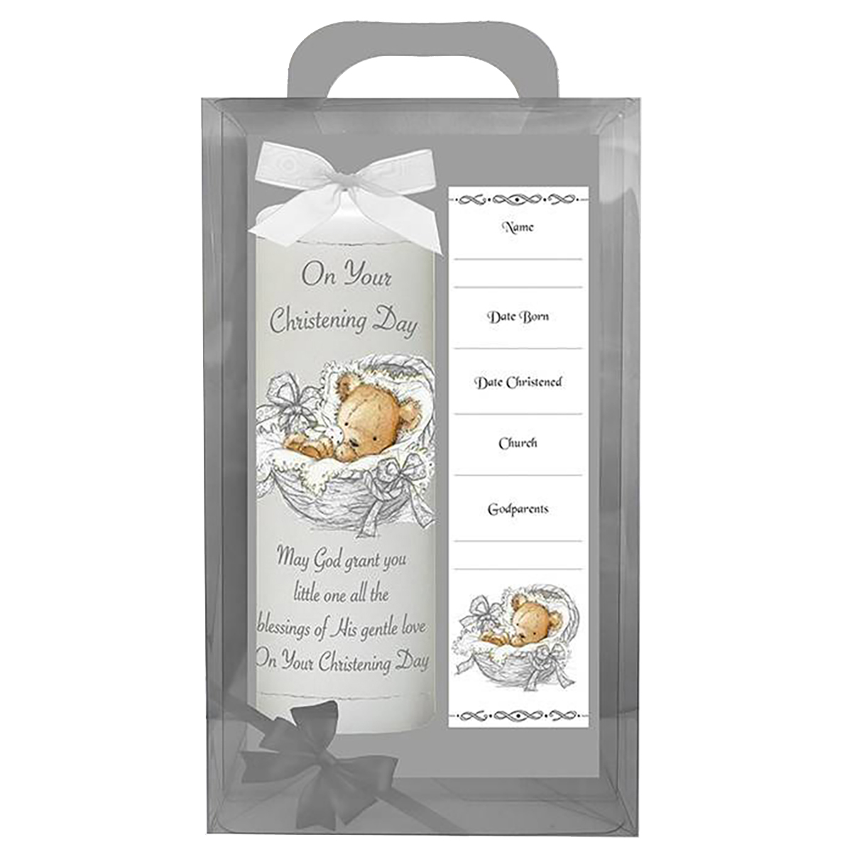 Personalised Christening Candle - Teddy in Basket Silver