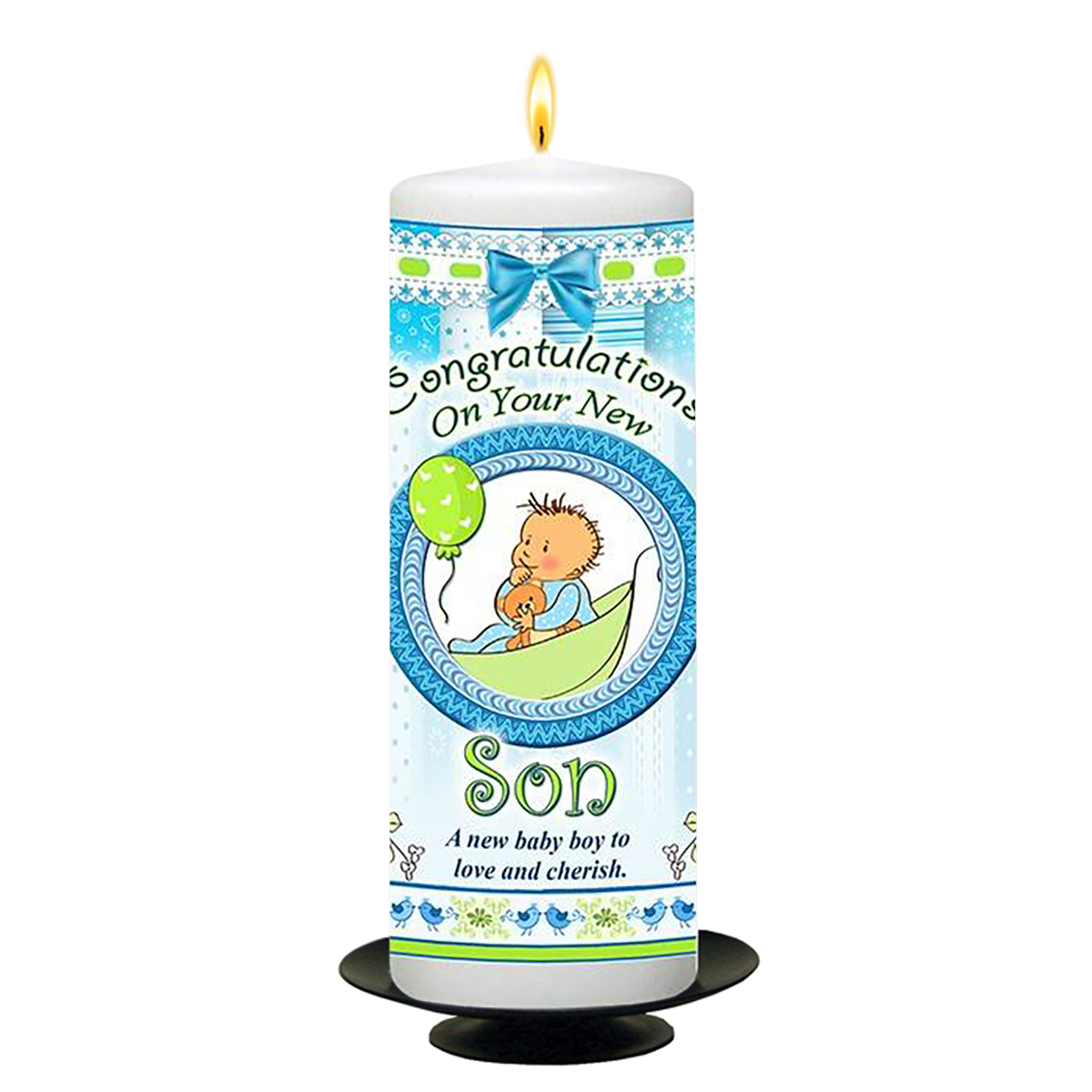 Personalised New Baby Candle Gift - Baby Boy & Teddy