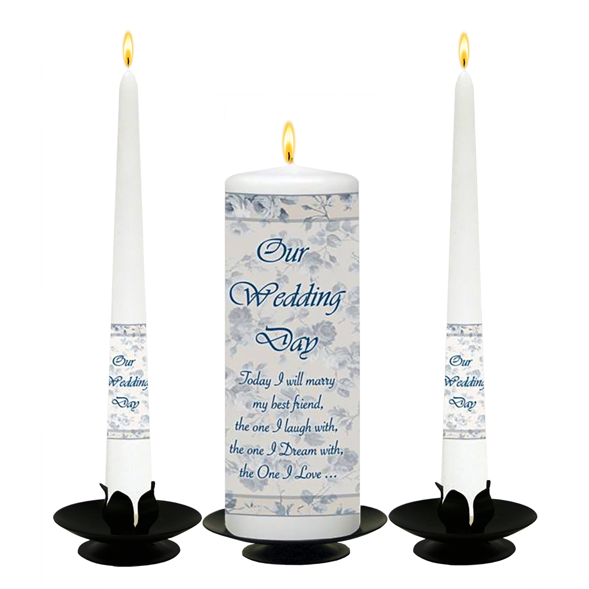 Personalised Wedding Candles - Flower Blue & Cream