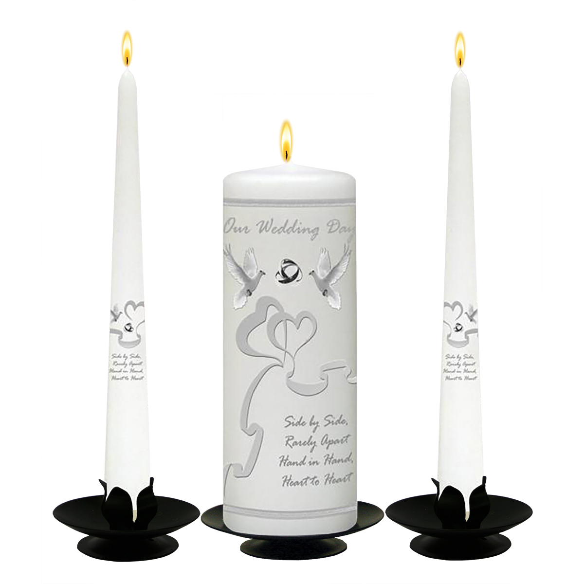 Personalised Wedding Candles - Two Hearts & Dove Silver