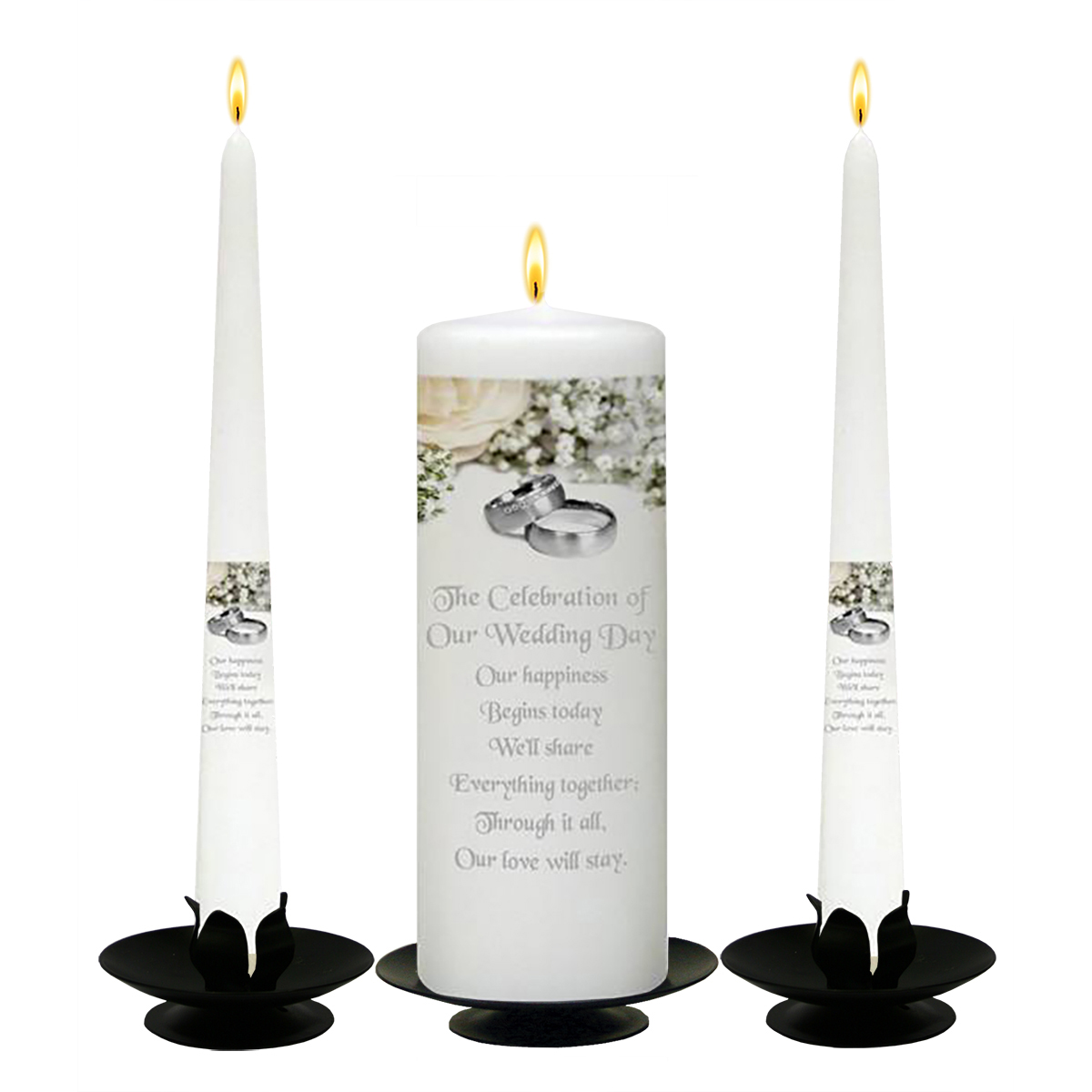 Personalised Wedding Candles - White Flowers & Rings Silver Script