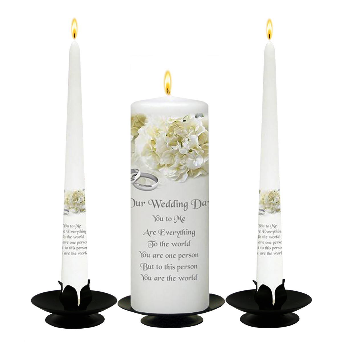 Personalised Wedding Candles - Flower Range White Bouquet & Silver Rings