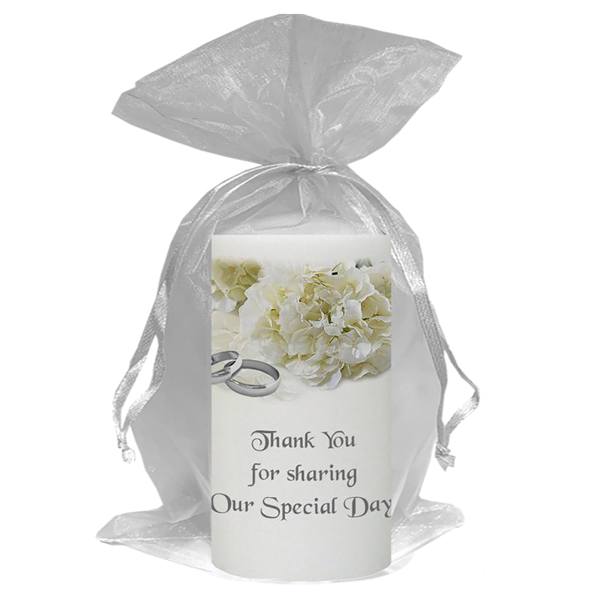 Personalised Wedding Candles - Flower Range White Bouquet & Silver Rings