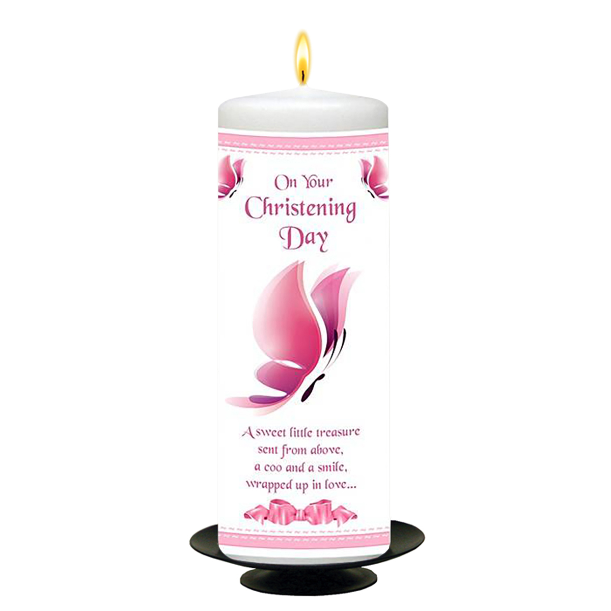 Personalised Girls Christening Candle - Butterfly & Bow Pink