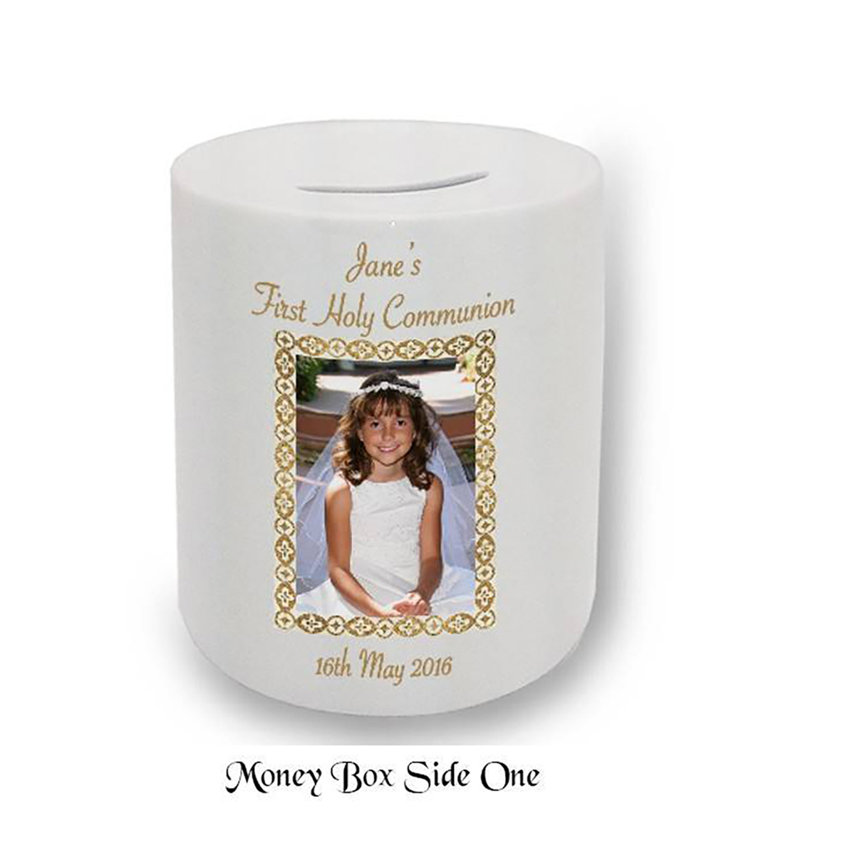 Personalised Money Box Gift - 1st Holy Communion Photo Girl