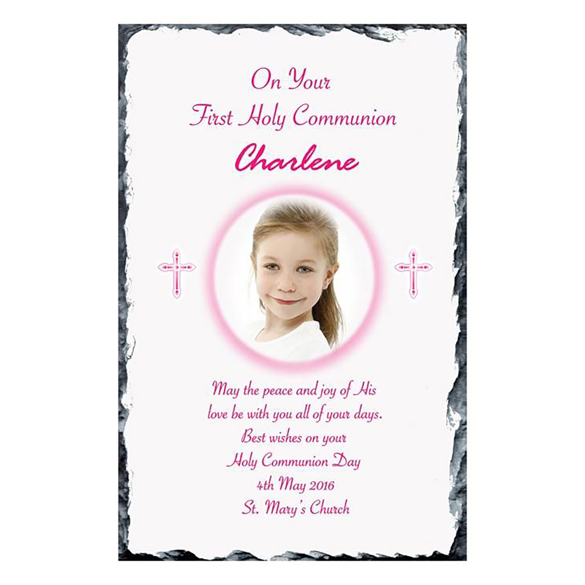 Personalised 1st Holy Communion Slate - Pink Cross with Photo