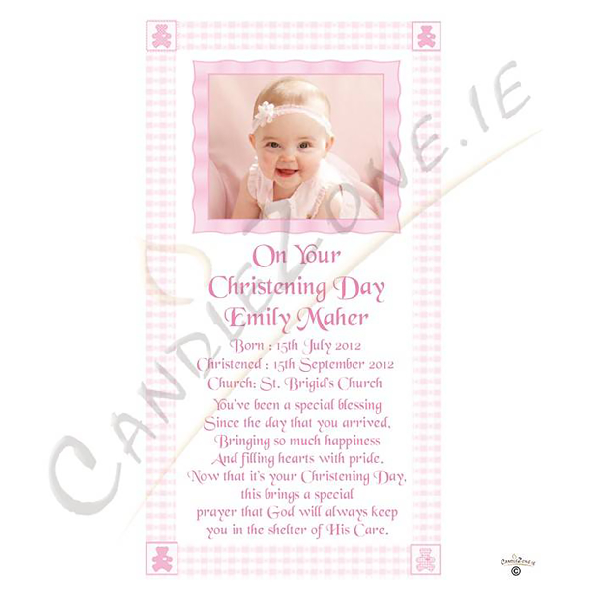 Personalised Girls Christening Candle - Gingham Frame Pink with Photo