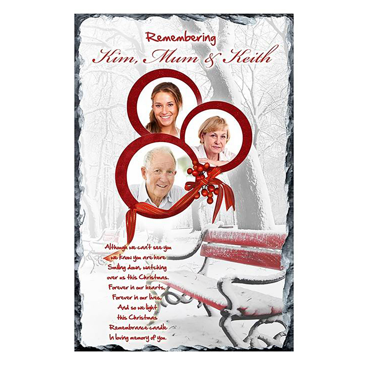 Personalised Christmas Remembrance Slate - Bench with Three Photos